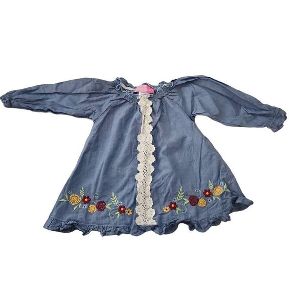 Goodlad Girls Size 2T Blue White Floral Embroidered Crochet Long Sleeve Dress - Picture 1 of 6